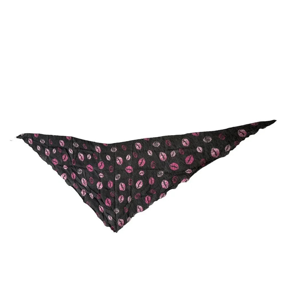 Vintage Scarf, Shawl, Wrap Black Polyester With Pink Lip Prints 72”x48”